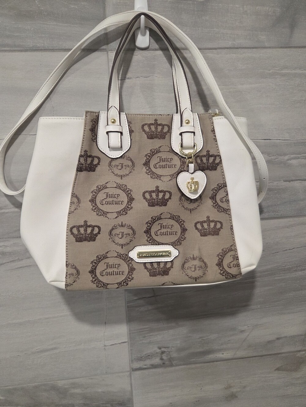 Juicy Couture Crown Print Satchel Crossbody Tote White Beige Gold
